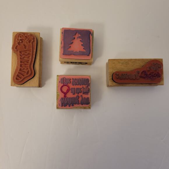 Christmas Lot Of 4 Stamps Wood/Rubber Tree Stocking To/From Pre-Owned - Picture 2 of 13